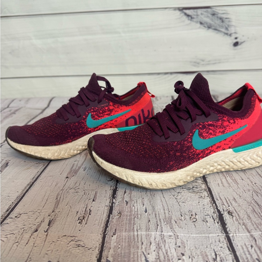 Nike Flyknit React Burgundy and Aqua Sneakers
